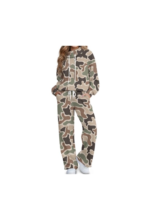 Camo 2 Piece Sweatsuits for Women Lounge Set Long Sleeve Wide-Leg Sweatpants, Mock Neck Sweatshirt, Drawstring Tracksuit for Sister, Loungewear with Pockets, Casual Fall Outfits L