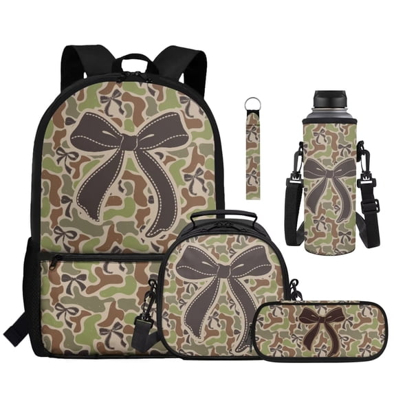 KEIAHUAN Camo Bow Kids Backpack Set ,Large Capacity 17 Inch School Bookbag with Lunch Bag, Pencil Case, Water Bottle Sleeve and Keychain for Girls, Teens, Boys,5-Piece ,10-12 Years