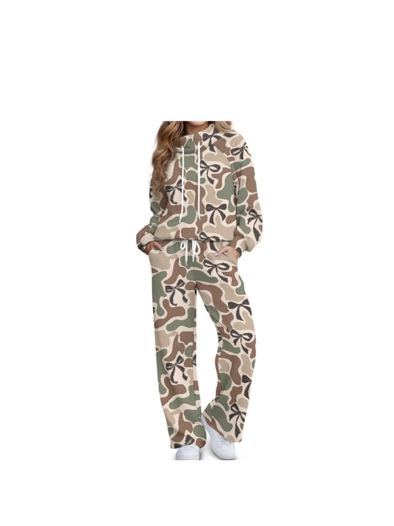 Camo Bow Lounge Set for Women Sweatshirt & Sweatpants Set Drawstring Neck Tracksuit with 2 Pockets, Long Sleeve Jogger Set, Loose Loungewear Set, Relaxed Travel Airport Outfits S