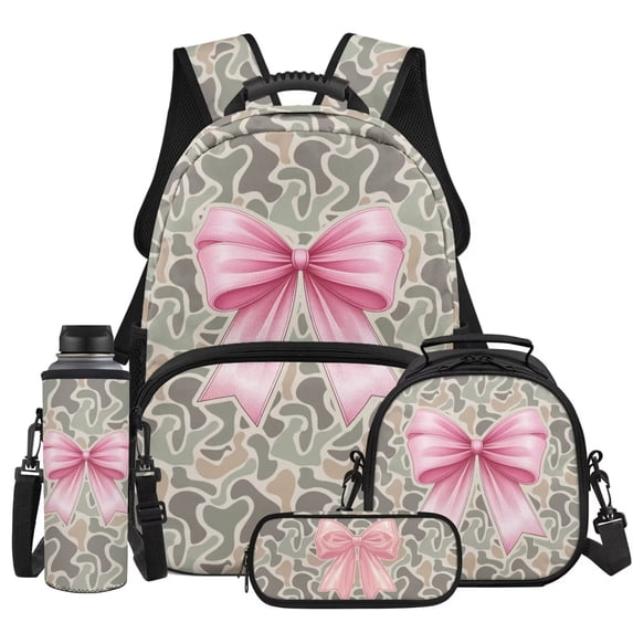 KEIAHUAN Camo Bow Print Girls BackpackSet with Lunch Box Pencil Case Water Bottle Holder Back Pack for School Girls Kids -17 Inch Backpacks Kawaii Casual Travel Daypack for Kids,4pcs
