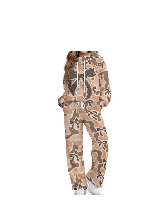 Camo Bow Women 2 Piece Lounge Set Matching Sweatsuit with Pockets Long Sleeve Lounge Sweat Sets, High Neck Tracksuit, Sweatshirt & Sweatpants Set, Fall Outfits, Travel Clothes XS