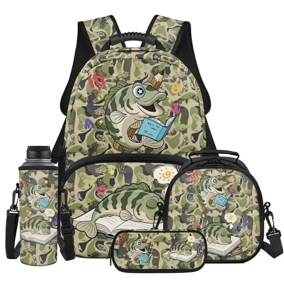 KEIAHUAN Camo Fish Print School Backpack Set for Girls Backpack with Lunch Box Pencil Case Water Bottle Holder,4 Pcs 17 Inch Travel Back Pack Casual Daypack Backpacks for Kids