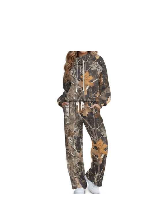 Camo Leaves 2 Piece Lounge Sweat Sets for Women Sweatsuit Tracksuit with Side Pockets, Straight-Leg Pants, Turtleneck Sweatshirt, Long Sleeve Loungewear, Elastic Airport Outfits M