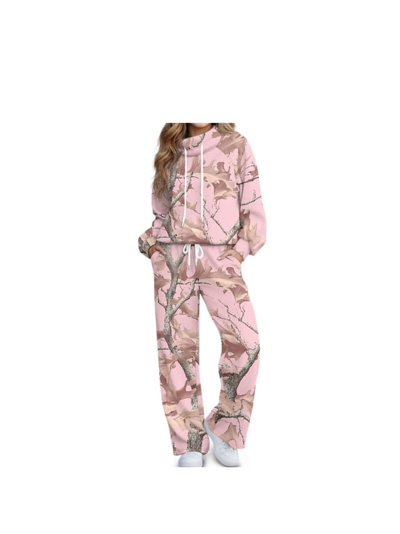 Camo Leaves Sweatsuit for Women 2 Piece Pink Lounge Sweat Sets Not Bulky Tracksuit for Lady, High Neck Sweatshirt, Wide Leg Sweatpants, Long Sleeve Loungewear Set, Casual Fall Outfits L