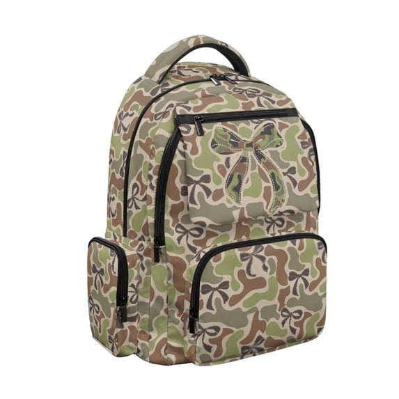 KEIAHUAN Camouflage Bow Backpack for Girls, Dual Stretch Side Pockets Hold Water Bottles Umbrellas, 17 Inch Large Capacity Daypack Fits 14 Inch Laptop for Boys Kids Grades 1-8
