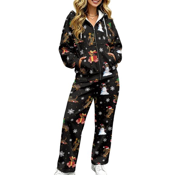 KEIAHUAN Christmas Women Casual Track Suits Sets with Front Pockets Full Zip Hooded Sweatshirt Top Loose Drawstring Elastic Waist Sweatpants Comfy 2 Piece Outfits for Outdoor Walks Casual Outings