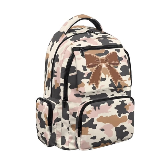 KEIAHUAN Cow Camo Bow Girls Backpack, Weather Resistant Wearproof Student Daypack Large Capacity 17 Inch Fits 14 Inch Laptop, Perfect Birthday Present Choice for Boys Kids All School Grades