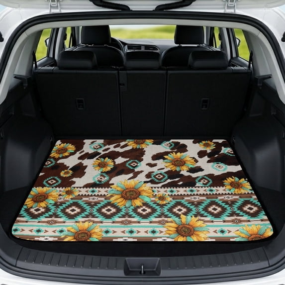 KEIAHUAN Cowhide Sunflower Aztec Car Trunk Mat 29" x 39", Universal Cargo Liner Anti-Scratch Vehicle Interior Accessories Fits for Most Cars and Pet Travel