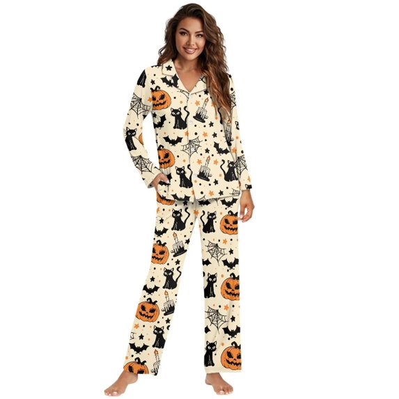 KEIAHUAN Cute Halloween Pajama Set for Women, 2‑Piece with 2 Side Pockets, Halloween Girls Gathering, Black Cat Pjs and Long Sleeve Loungewear for Nightwear for Relaxing Festive Evenings L