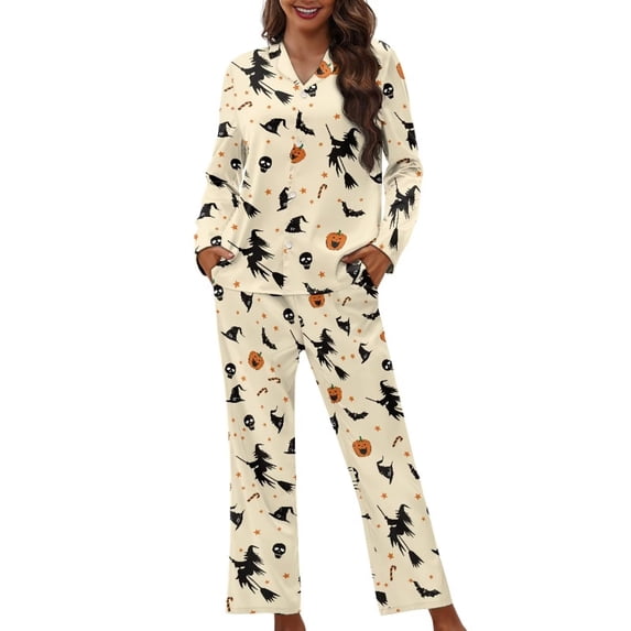 KEIAHUAN Cute Halloween Pajama Set for Women, 2‑Piece, Long Sleeve, Button Down, 2 Side Pockets, Halloween Sleepover Gathering, Sleepwear Loungewear for Nightwear On Evening Activities XS