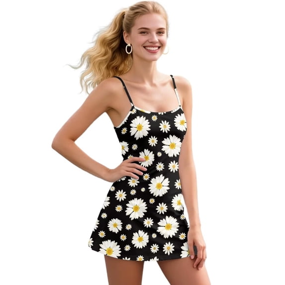 KEIAHUAN Daisy Print Women Golf Dress with Built in Shorts 2 Piece Set Golf Outfits with Pocket with Stretchy Backless Tennis Dres Quick Dry Spaghetti Strap Athletic Dresses Medium