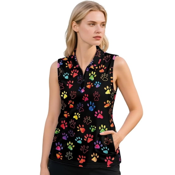 KEIAHUAN Dog Paw Prints Women Golf Tank Tops Trendy Soft Racerback Athletic Sleeveless Tops with 2 Side Pockets Moisture Wicking Quarter Zip Workout Tennis T-Shirts