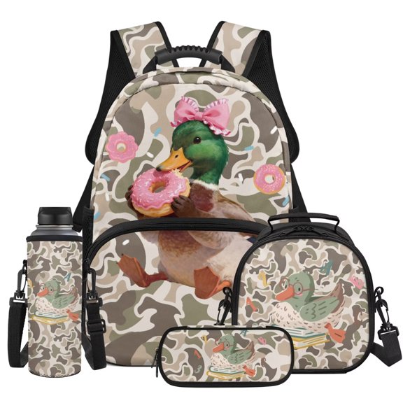KEIAHUAN Duck Camo School Backpack Set for Girls Kids 17 Inch Back Pack with Lunch Box Pencil Bag Bookbag for Teens Lightweight Water Bottle Holder for Middle School