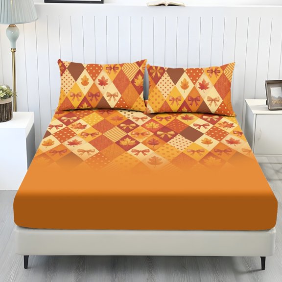 KEIAHUAN Fall Bow 3 Pcs Fitted Sheet Set with 2 Pillowcases, Argyle Bedding Set, Breathable, All Seasons, Soft, Stretchy Deep Pocket, Anti-Slip, Machine Washable, No Fading, Guest Room, King