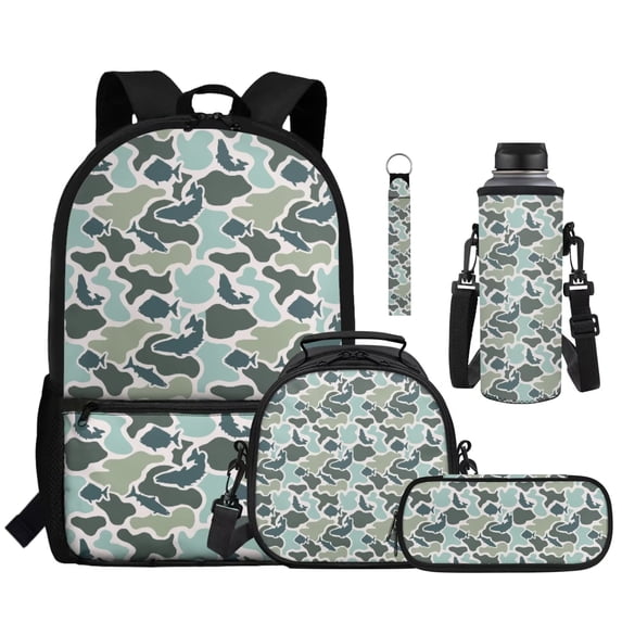 KEIAHUAN Fish Camo Girls Backpack Set, Heavy-Duty 17 Inch School Bookbag with Lunch Bag, Pencil Case, Water Bottle Sleeve and Keychain for Kids, Teens, Outdoor Travel Use 5-Piece