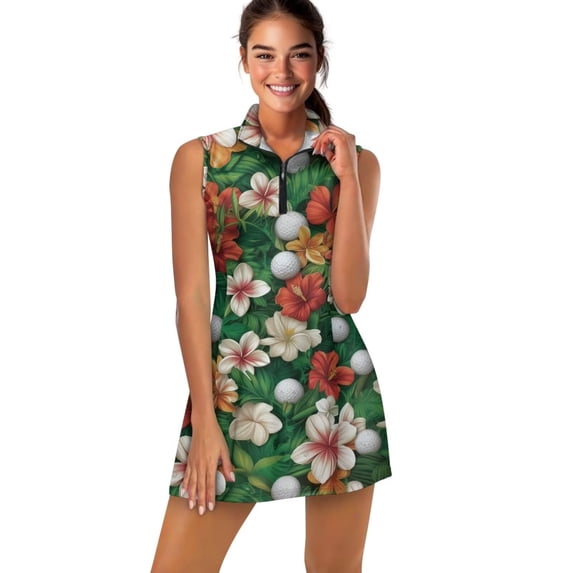KEIAHUAN Golf Ball Womens A Line Golf Outfits 2 Piece Set Quick Dry Hawaiian Flowers Sleeveless Athletic Dress Moisture Wicking Zip Up Tennis Skirt Built-in Shorts with Pocket