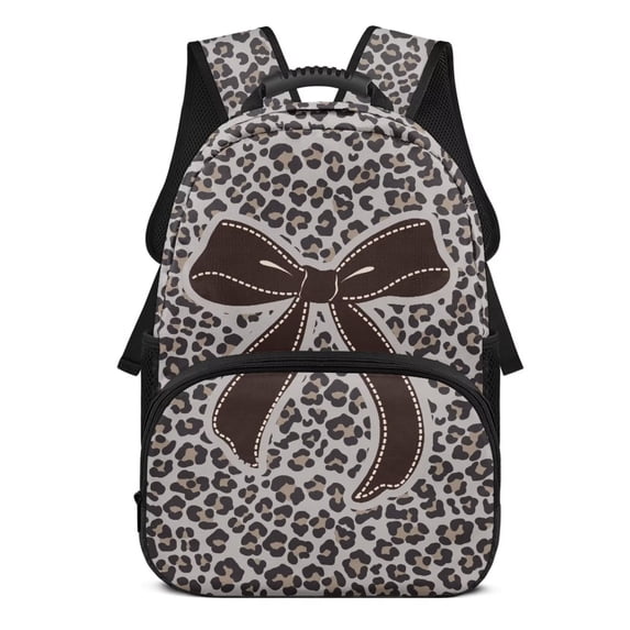 KEIAHUAN Grey Leopard Kids School Backpack, Dual Stretch Mesh Side Holders Daypack, Large Capacity 17 Inch Bow Student Backpack Fits 14 Inch Laptop, Lightweight Polyester for Boys Girls