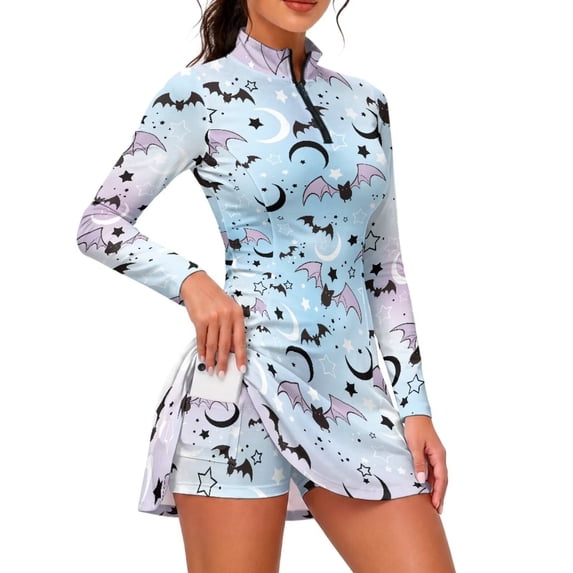 KEIAHUAN Halloween Bat Golf Dresses for Women with Shorts 2 Piece Long Sleeves Tennis Dress,Casual Athletic Dresses with Pocket,High Waist Golf Outfits,Lightweight,S
