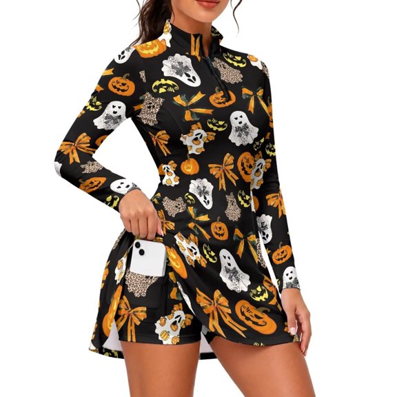KEIAHUAN Halloween Ghost Golf Dresses for Women with Pocket 2 Piece Golf Outfits,Long Sleeves Tennis Dress with Shorts,High Waist Sports Dress Stretchy Athletic Dresses L