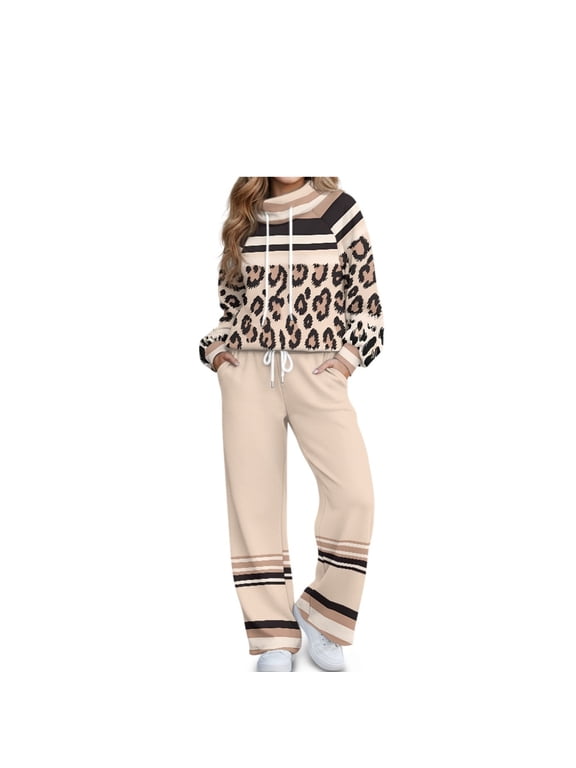 Leopard Print Lounge Sweat Sets for Women 2 Piece Sweatsuits Long Sleeve Tracksuit with 2 Pockets, Sweatshirt & Sweatpants Set, Relaxed Fall Outfits, Travel Airport Clothes, Loose Fit XS