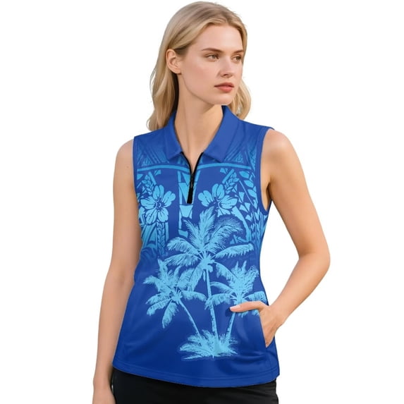 KEIAHUAN Palm Tree Racerback Women Athletic Sleeveless Tops Breathable Polynesian Golf Shirts Moisture Wicking Quarter Zip Workout Tennis T-Shirts with 2 Side Pockets