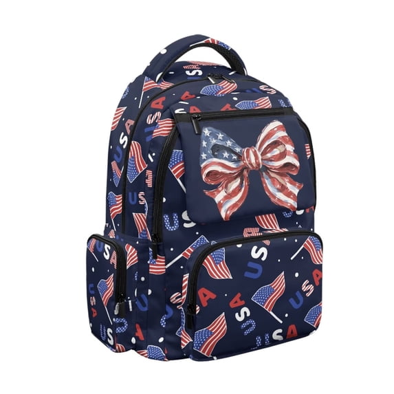 KEIAHUAN Patriotic Bow Boys Backpack, Fits 14 Inch Laptop with Dual Stretch Side Pockets, Large Capacity 17 Inch Student Backpack for Girls Kids Daily Back to School Use