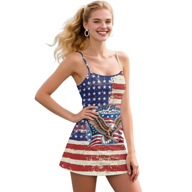 two piece dresses for birthday KEIAHUAN Patriotic Eagle Womens Golf with Shorts American Golf Outfits Set Spaghetti Strap Tennis Dress Moisture Wicking Cross Backless Athletic Dress XX-Large Color:Bubble Gum