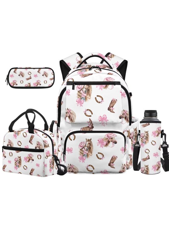 Pink Bow Backpack Set for Girls, Water Resistant & Durable, 4 Piece Back to School Bundle, 17 Inch Western Horse Kid Backpack, Great Supplies for 6-8 Children with Grid Pencil Case