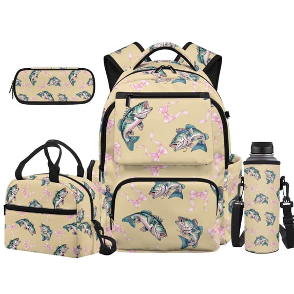 KEIAHUAN Pink Bow Fish School Backpack Set for Girls, Water Resistant & Durable, 17 Inch Large Capacity Student Backpack, 4pcs Kit, Back to School Gifts for Kids, Full Lunch Bag, Pencil Case