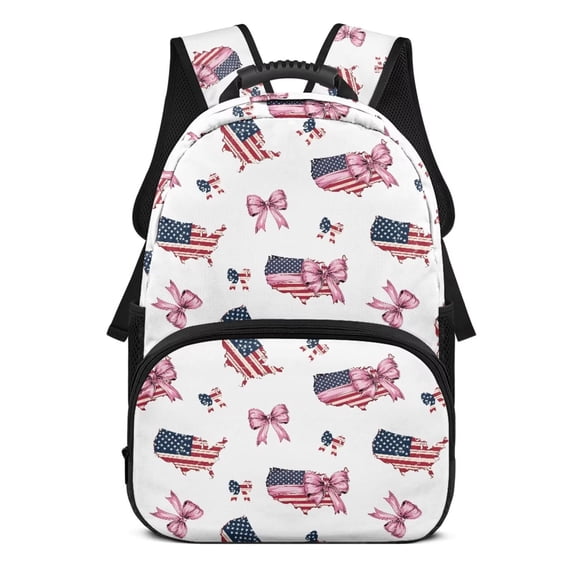 KEIAHUAN Pink Bow Girls School Backpack, Large Capacity 17 Inch American Flag Student Bag with Breathable Mesh Straps Fits 14 Inch Laptop, Built-in Zipper Bookbag for Boys Kids Elementary Daily Use