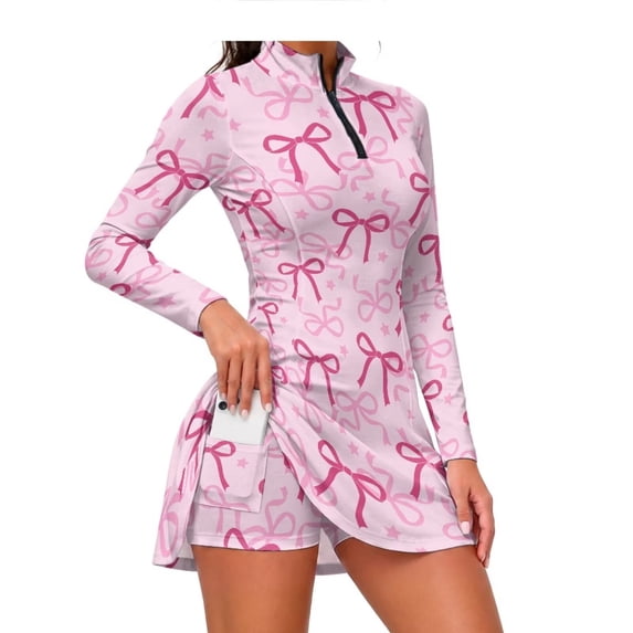 KEIAHUAN Pink Bow Golf Dress for Women with Built in Shorts High Waist Tennis Dress with Pocket, Long Sleeves Athletic Dresses, Golf Outfits 2 Piece, Stretchy, 1/4 Zip, Quick Dry, XL
