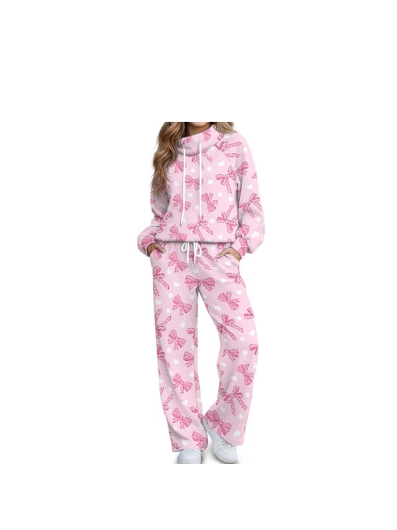 Pink Bow Women Sweatsuit 2 Piece Long Sleeve Lounge Set Polka Dot Sweatshirt & Sweatpants Set, Drawstring Loungewear with Pockets, Relaxed Travel Airport Outfits, Cozy Tracksuit M