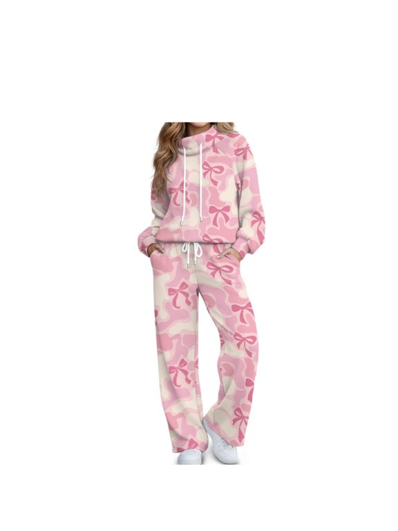 Pink Camo Bow 2 Piece Lounge Set for Women Mock Neck Sweatsuits Sweatshirt & Sweatpants Set with 2 Pockets, Long Sleeve Fall Outfits, Comfy Loungewear Set, Holiday Gifts for Girlfriends L