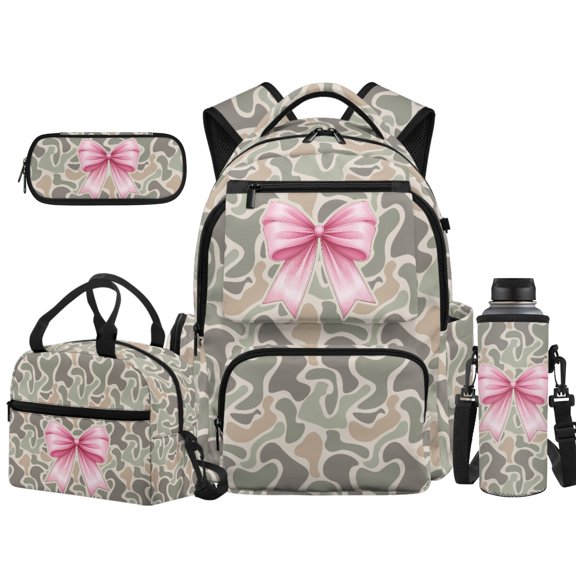 KEIAHUAN Pink Camo Bow Backpack Set for Girls, Lightweight & Durable, 4pcs Daily School Set, 17 Inch Large Capacity Backpack, 6-8 Kids Essential Back to School Supplies with Pencil Case