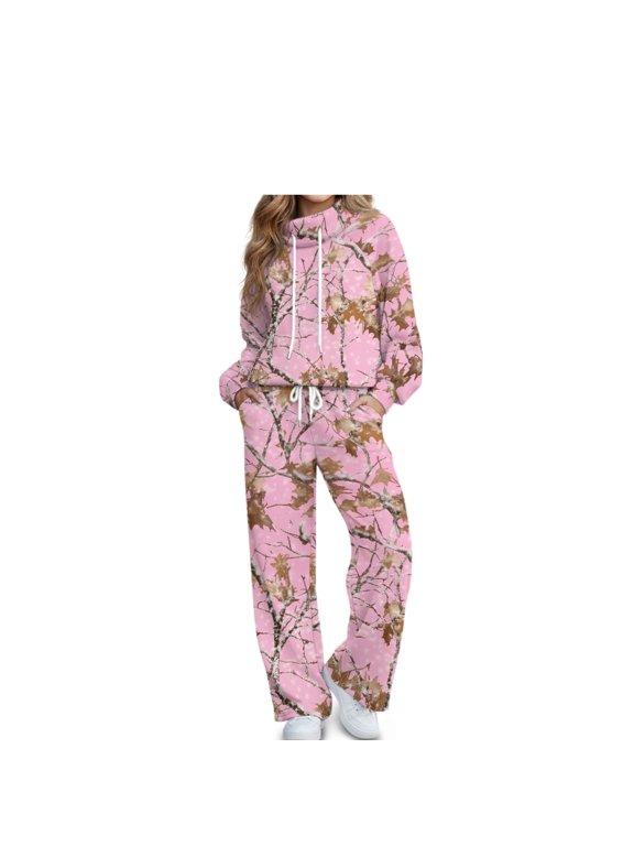 Pink Camo Hunting Lounge Set for Women 2 Piece Loungewear Long Sleeve Sweatsuit for Sisters, Relaxed Travel Airport Outfits, Loose Loungewear Set, Mock Neck Tops & Wide Leg Pant S