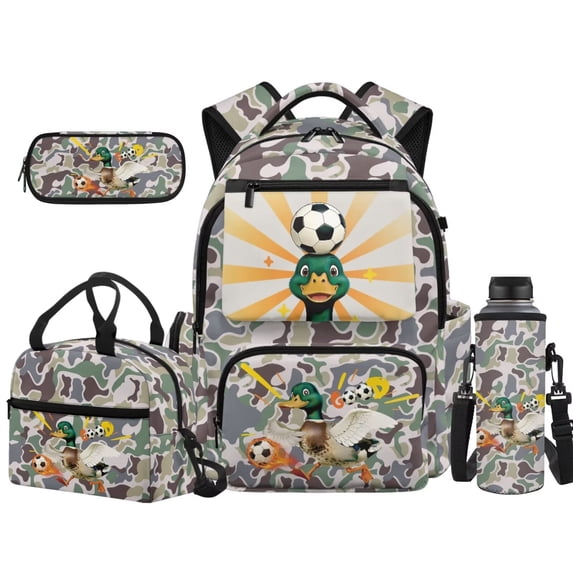 KEIAHUAN Soccer Duck Camo Girls Backpack Set, 17 Inch Campus Backpack, 4 Piece Matching Bundle, Water Resistant, 10-12 Years Old Daily Use Gear, Full Lunch Bag & Storage Pencil Case