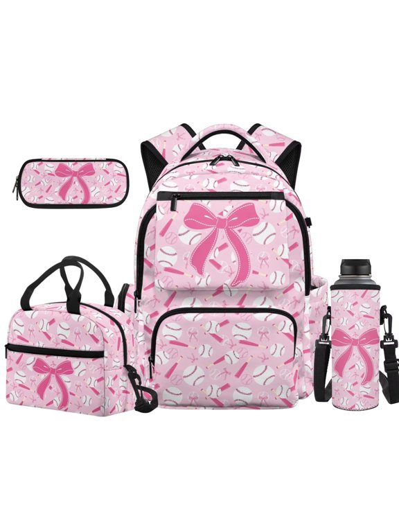 Softball Pink Camo Bow School Backpack Set for Girls, Stain Resistant, 4 Piece Thermal Lunch Bundle, 17 Inch Outdoor Backpack, School Supplies for Back to School Kids Water Bottle Sleeve