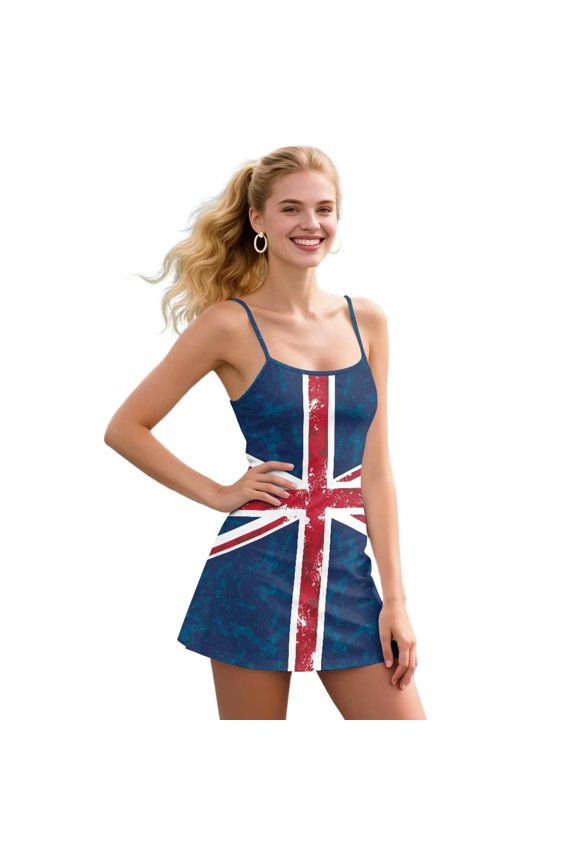 Union Jack Women Athletic Dress with Built in Shorts Moisture Wicking Tennis Dress Breathable Backless Golf Dresses Summer Workout Dresses with Pocket Medium