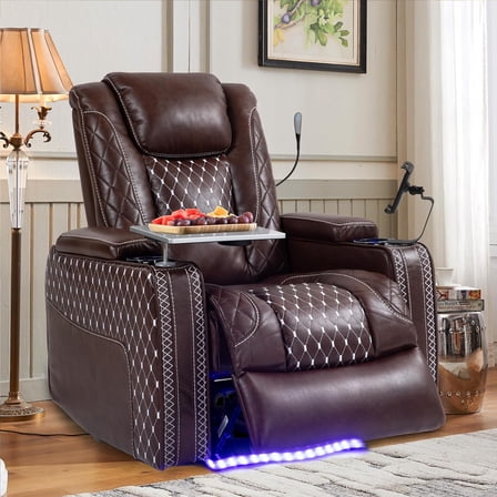 KEIKI Power Recliner Chair, Leather Zero Gravity Lazy Boy Single Sofa, with Cup Holder, Tray Table, Phone Holder and Storage Armrest for Elderly