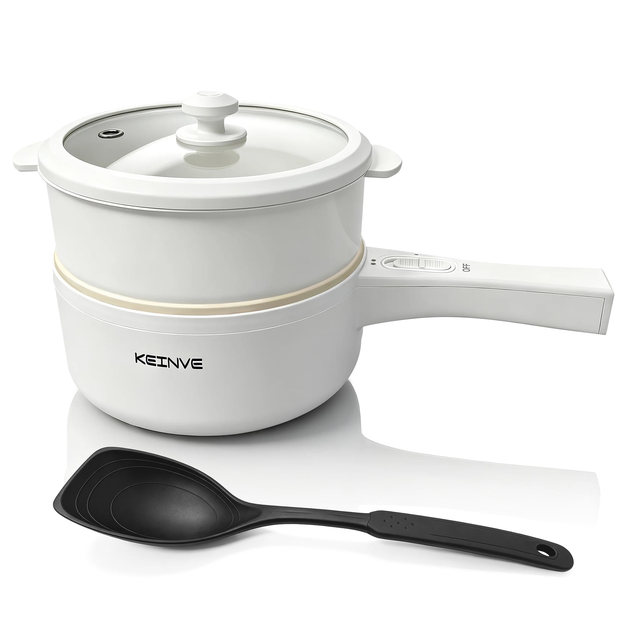 KEINVE 1.5L Electric Hot Pot with Dual Power & Steamer Basket and Spatula, White