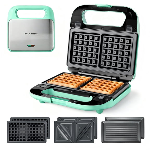 KEINVE 3-in-1 Sandwich Maker, Waffle Maker and Panini Press Grill, Electric Breakfast Station with 3 Detachable Non-Stick Plates, Cool Touch Handle with Latch, Aqua
