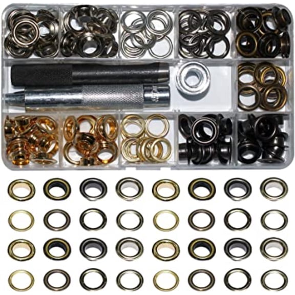 KEINXS 125 Sets 10mm Inner Diameter 800# Brass Grommets with Adjustment Tool for Curtain Canvas and Leather Projects (3/8 Inch, Mixed)