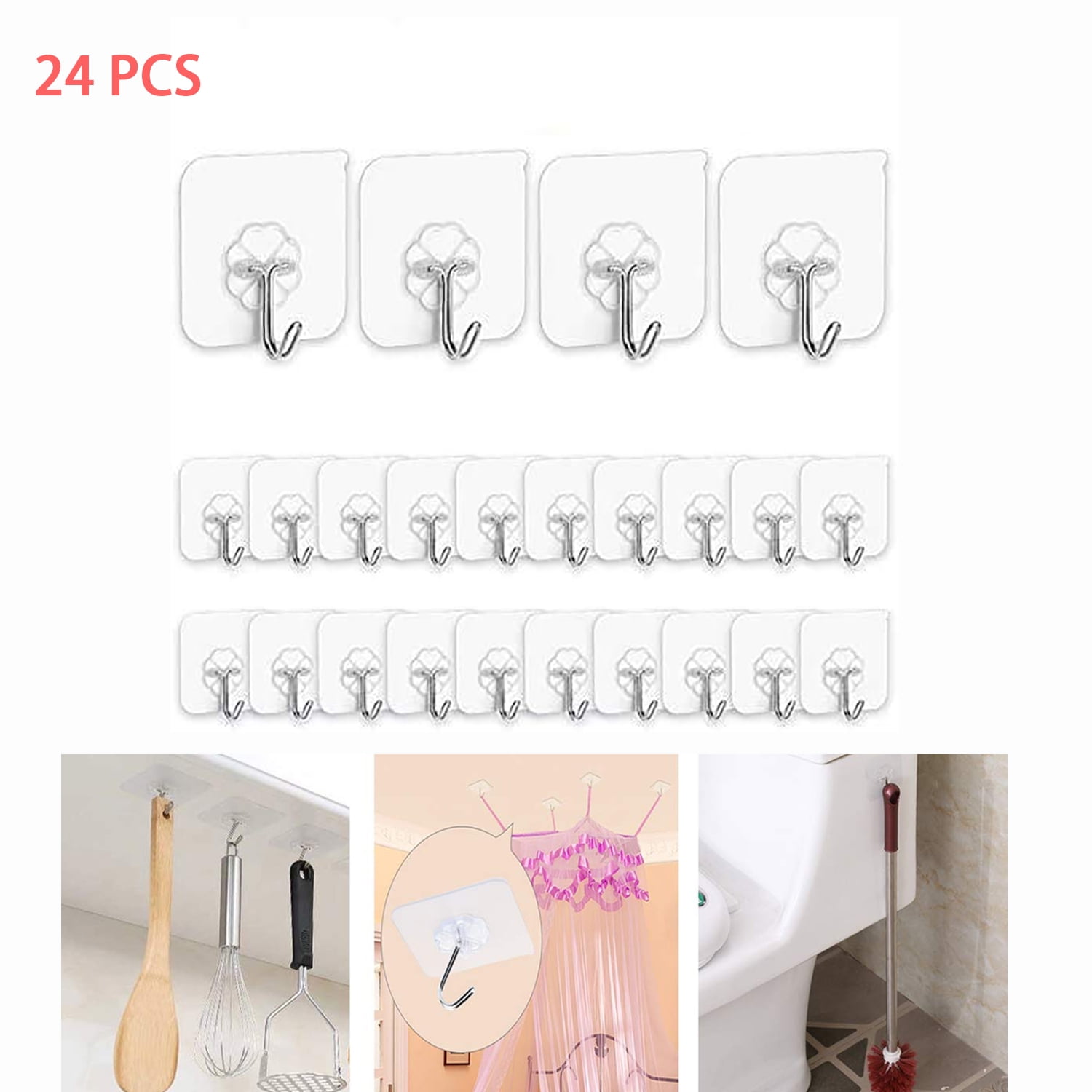 ตะขอติดผนังแบบกาวในตัวสำหรับงานหนัก แพ็ค 24 ชิ้น – โปร่งใส กันน้ำ ไม่ต้องเจาะรู