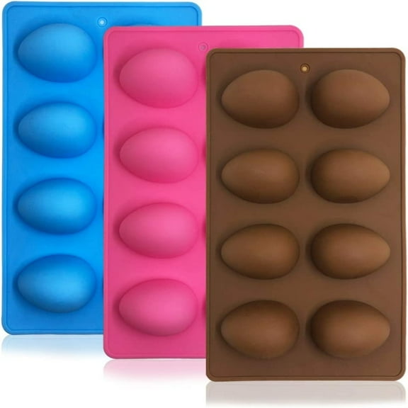 KEINXS 3 Pcs Egg Shape Silicone Molds, 8-Cavity Food-grade Baking Mold for DIY Cake Decoration,Chocolate, Pastry, Muffin, Bread, Ice Cube, Soap - Pink, Blue, Brown