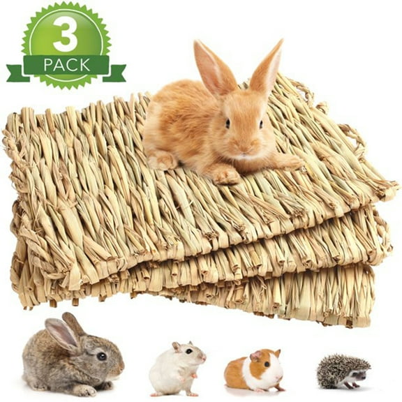 KEINXS 3PCS Braided Animal Mattresses, Natural Straw Bedding, Chew Toys, Handmade Bed Toys, Suitable for Guinea Pigs, Rabbits and Hamsters