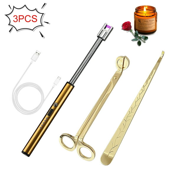 KEINXS 3Pcs Candle Accessory Set, Rechargeable Electric Lighter with LED Battery,Candle Wick Trimmer, Candle Wick Dipper