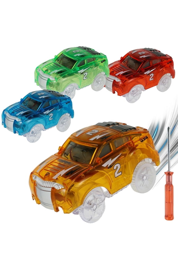 4PCS Race Tracks Car Toys Glow in The Dark RC Racing Car for Kids Boys Track Cars Replacement Only Magic Trax Cars with 5 Flashing Lights Flex Track Cars for Most Car Tracks