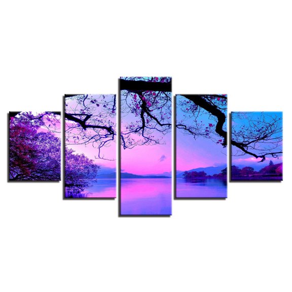 KEINXS 5 Pieces Wall Art -Painting on Canvas Purple Sunset Tree Lake Painting Framed Canvas Ready to Hang for Home Decorations Wall