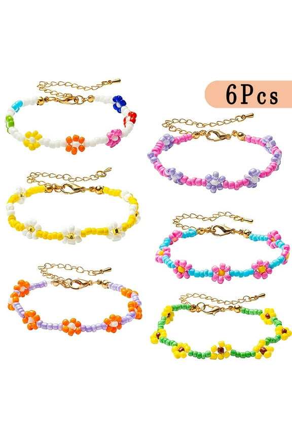 6 Colors Teen Girls Cute Daisy Flower Bead Bracelets Set Refreshing Kids Indie Handmade Anklets Vsco Boho Beach Summer Braided String Y2K Aesthetic Kidcore Style Jewelry