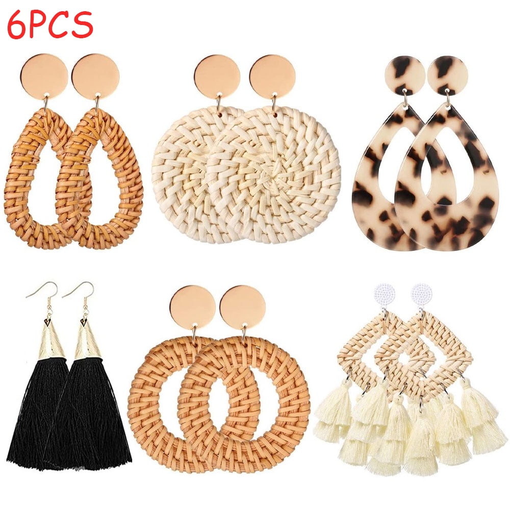 KEINXS 6Pairs Fashion Trendy Jewelry Acrylic Tassel Rattan Statement Earrings Bohemian Boho Earrings Hoop Stud Drop Dangle Earrings Sets for Women Multipack